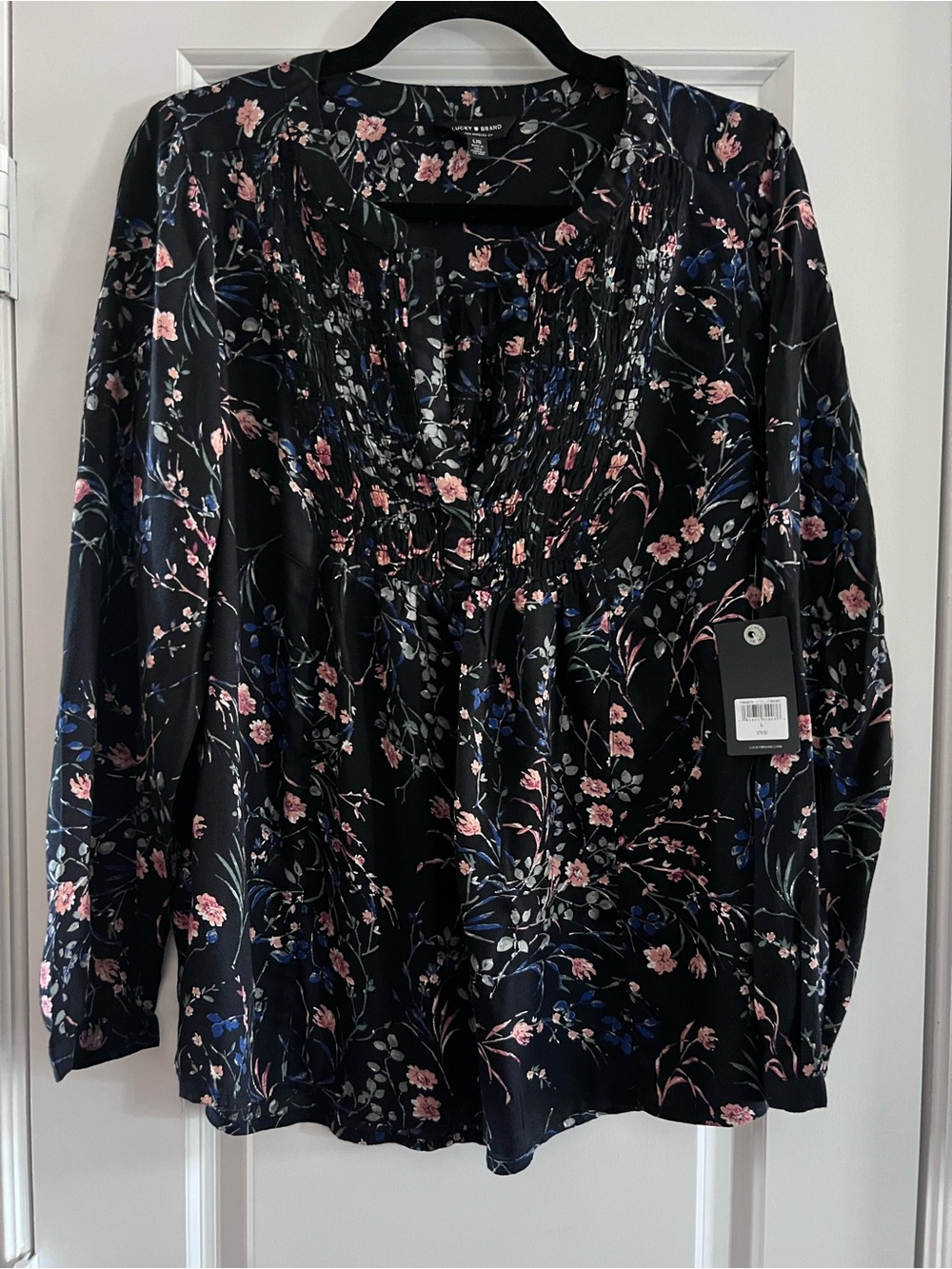 Floral Black Smocked Blouse with Pink & Blue Blooms